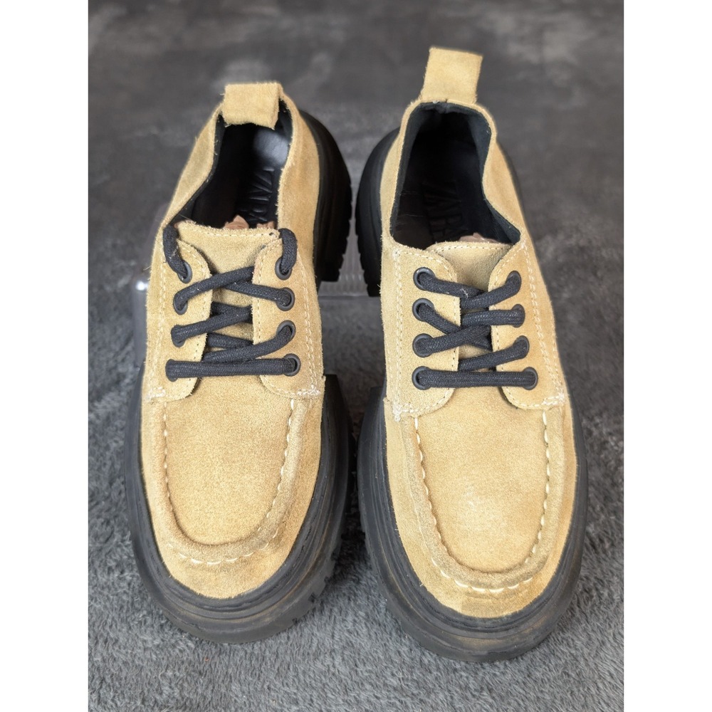 Zara Kids Beige Suede‎ Chunky Loafers Lug Sole Lace Up Moccasins Size EU 32 US 1 - Picture 3 of 6